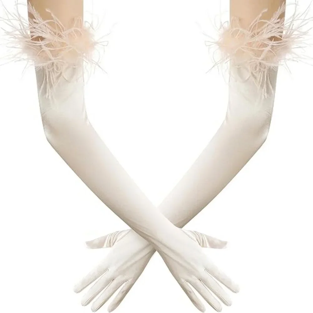 Women's Evening Cream Feather Long Satin Gloves Stretchy Elbow Halloween Costume